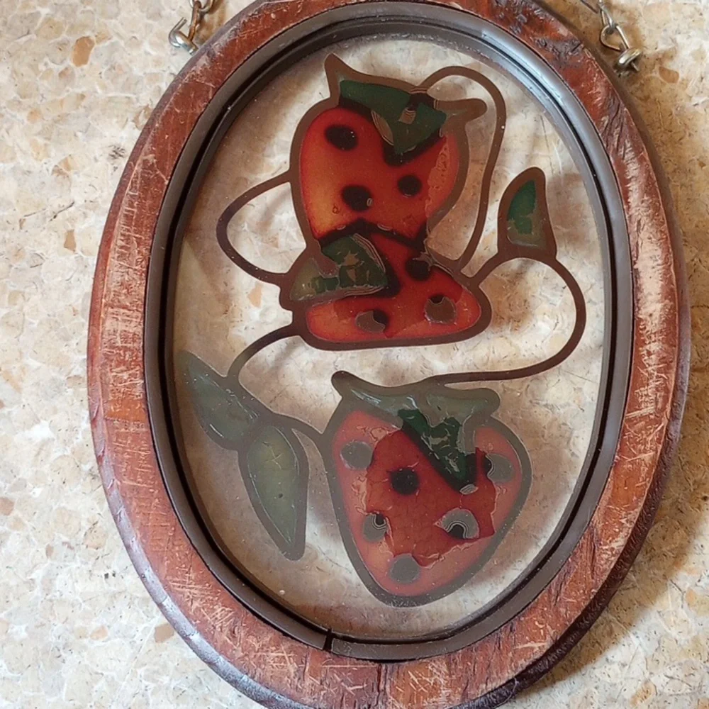 Vintage Stained Glass Strawberry Art Decor. Red Green Brown - Picture 4 of 6